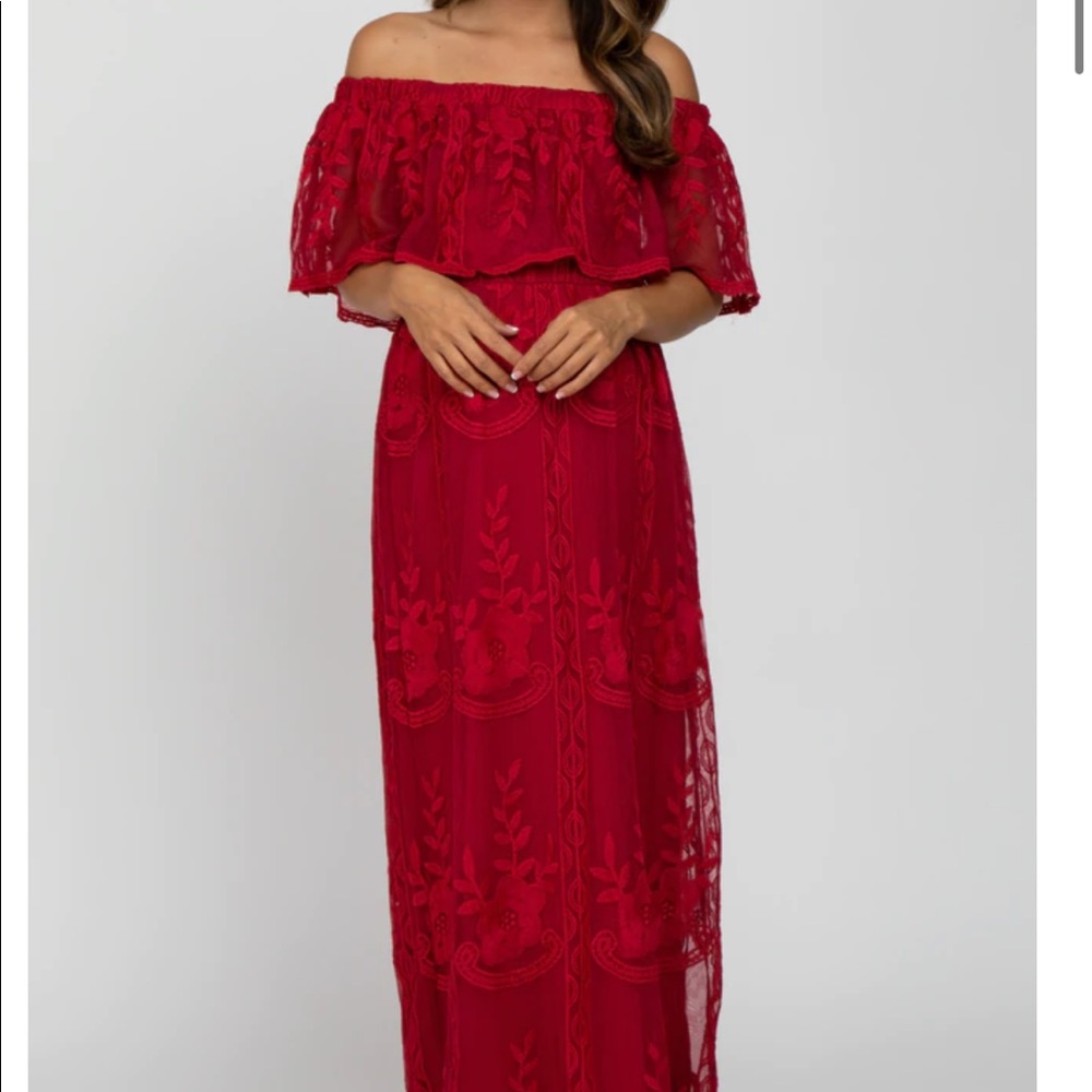 NWOT Burgundy Lace Overlay Off Shoulder Flounce Maternity Maxi Dress